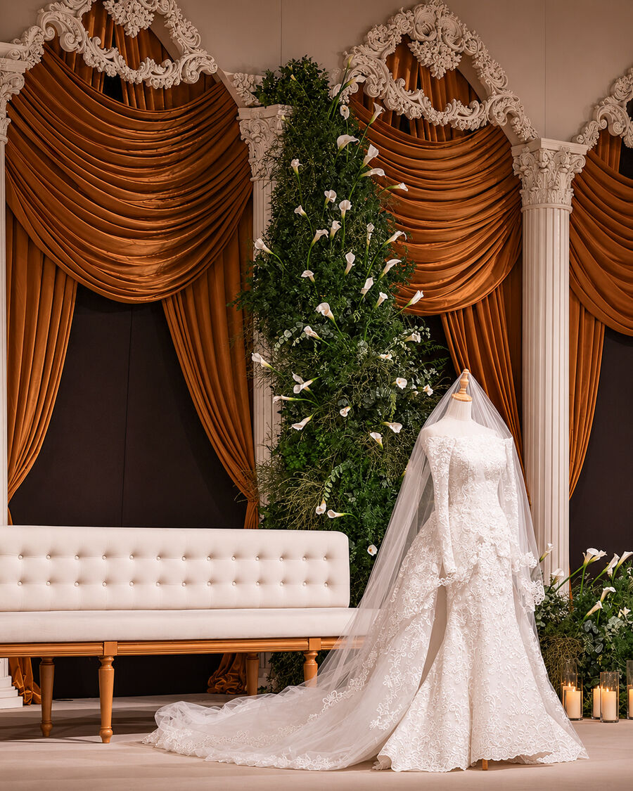 Classical column wedding stage with bridal dress