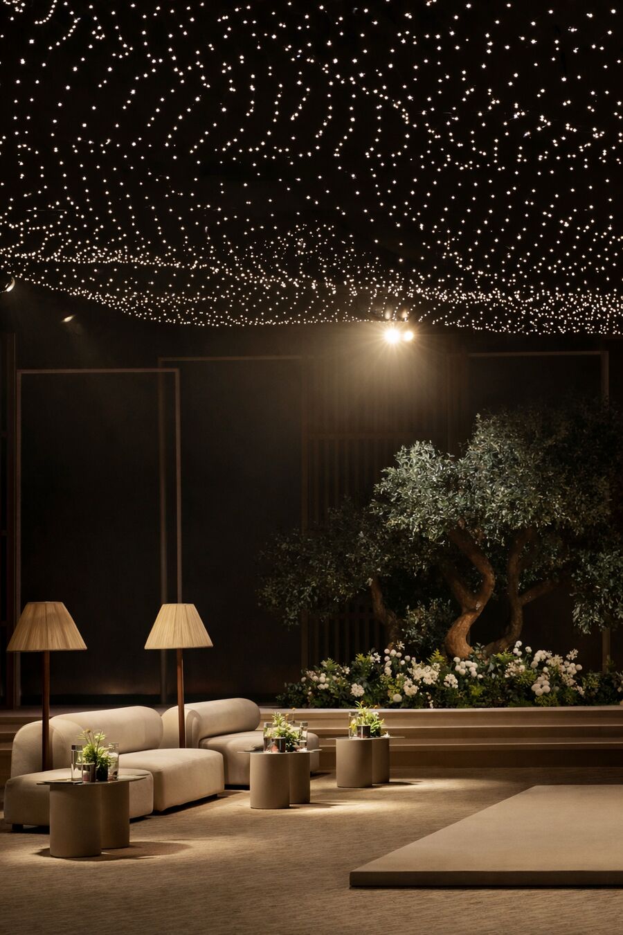 Olive garden wedding under starlight ceiling